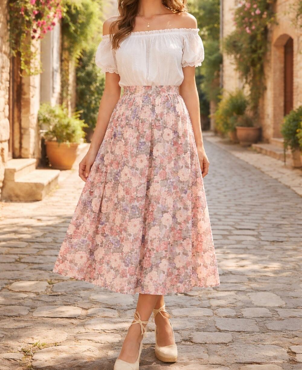 Vintage 90s Peach Pink Country Floral Pull On Midi Skirt Boho Cottage Fairy